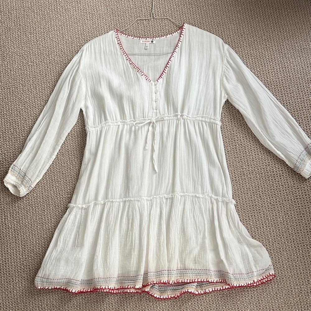 Sundry White Dress with multi color trim stitching
